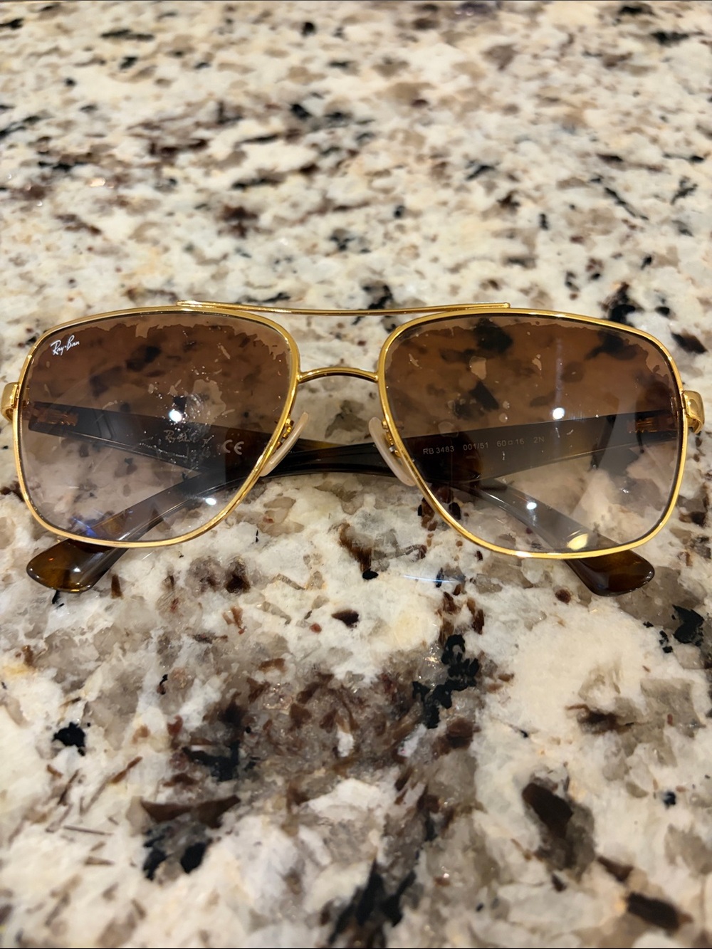 Ray-Ban Gold Frame Sunglasses with Brown Lenses - Water Damaged Lenses